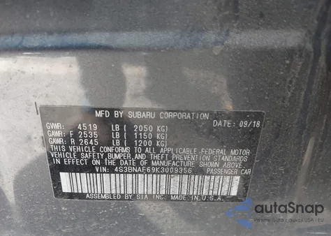 2019 Subaru Legacy 2.5I Premium from USA, damaged, VIN 4S3BNAF69K3009356